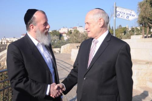 Rabbi Yossie Deutsch, First Deputy Mayor of Jerusalem, greeting noted Jewish leader Malcolm Hoenlein